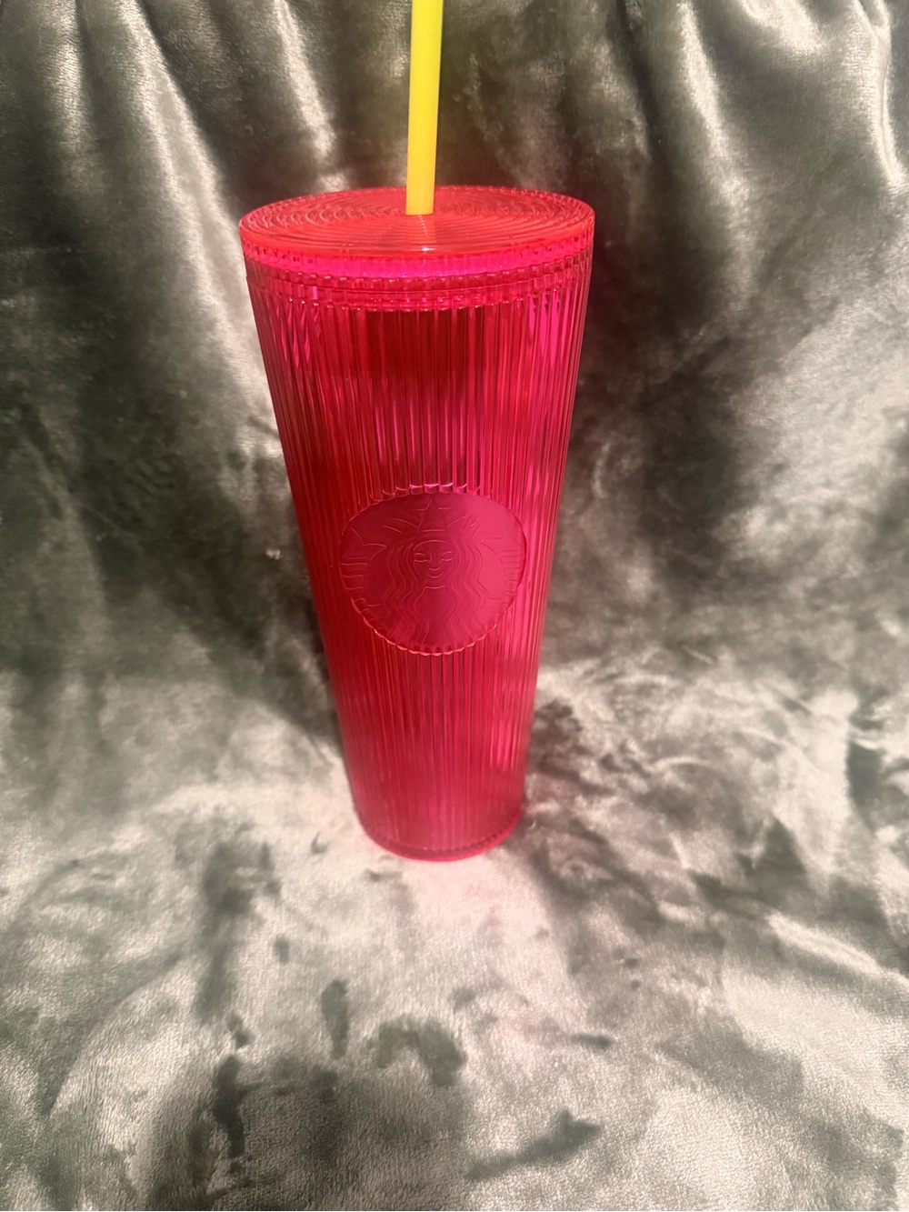 Starbucks Ribbed Cold Cup - Bright Pink with Yellow Straw